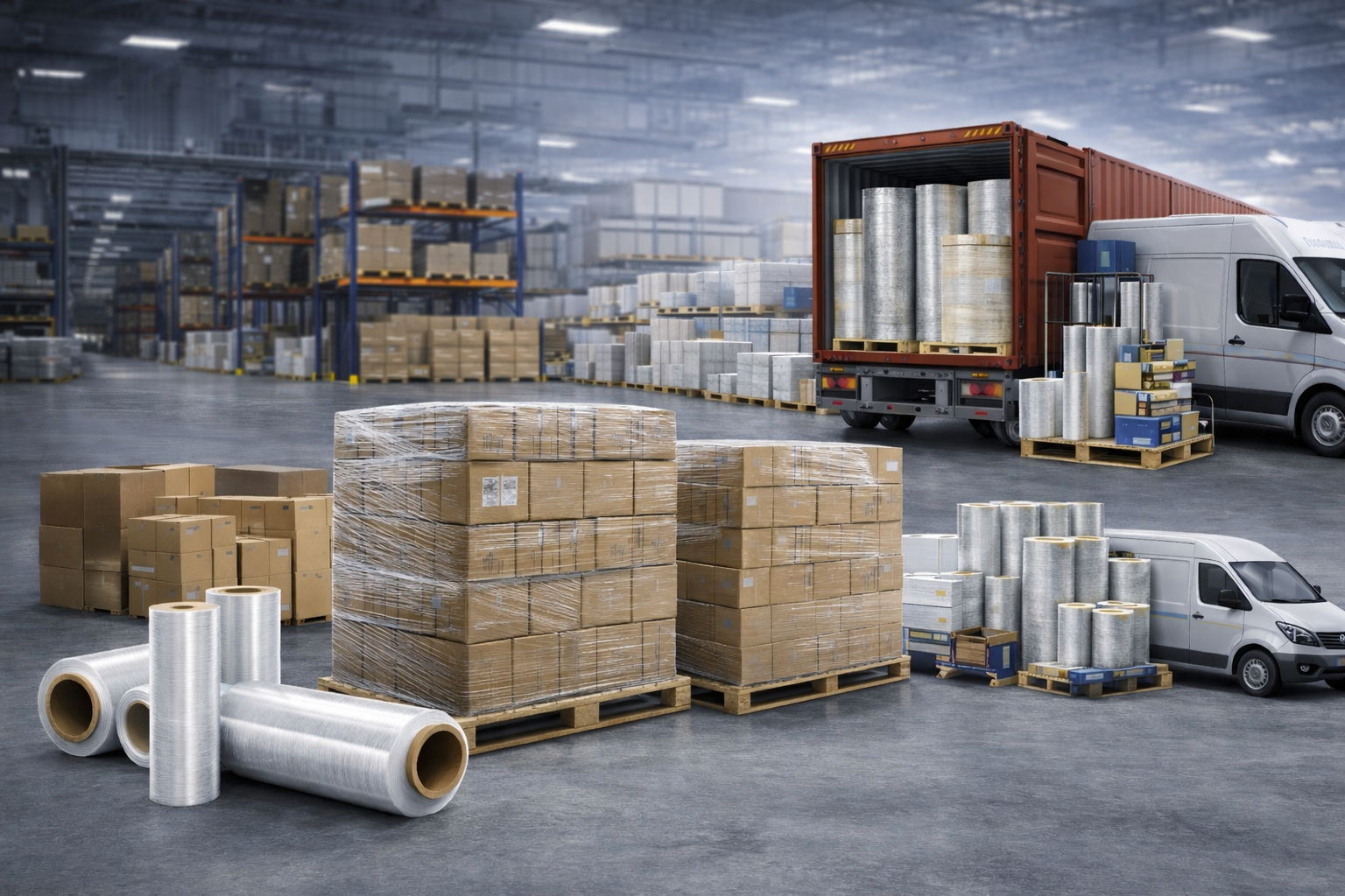Industrial stretch film rolls for warehouse and wholesale packaging operations